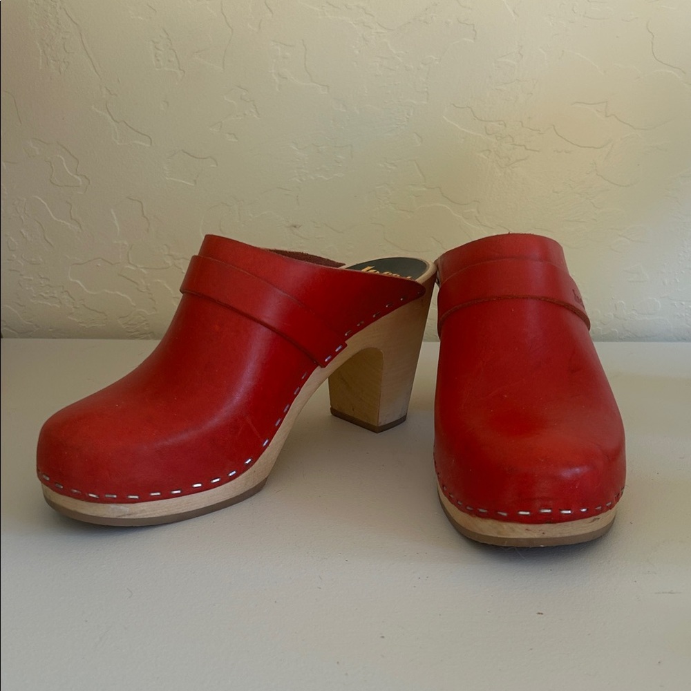 Swedish Hasbeens Red Leather Mules
